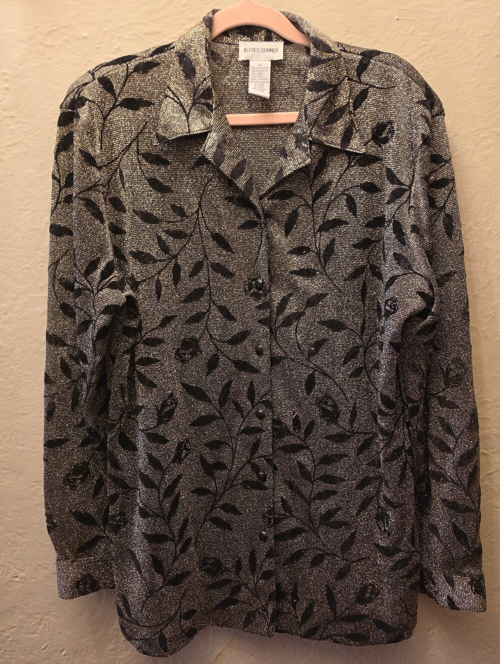 Vintage Metallic Floral Blouse Alfred Dunner Size 14 Black Gold Lurex Button Top